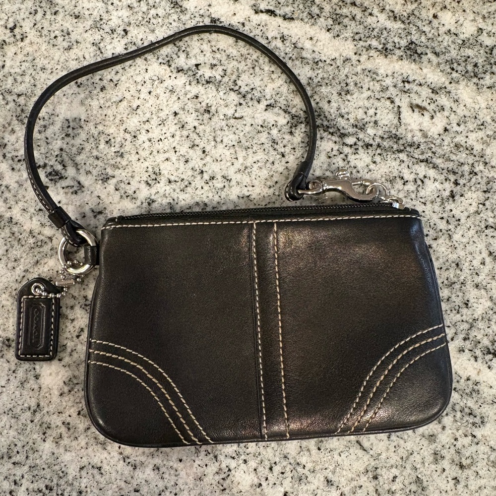 Coach Black Leather Wristlet with White Stitching and Silver Hardware